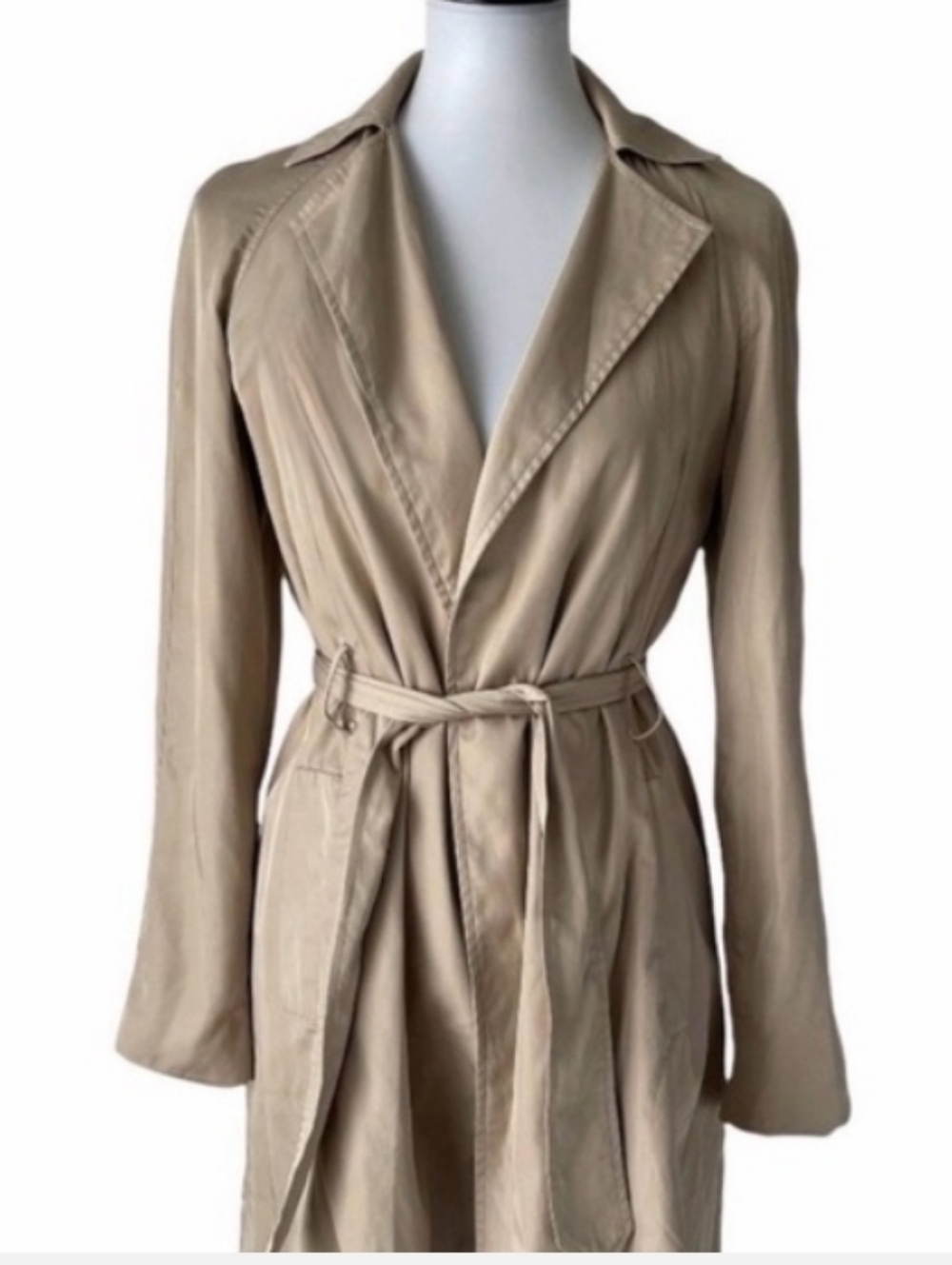 Women's Zara Size Large Tan Tie Waist Trench Sweater Wrap Lightweight - Picture 3 of 9